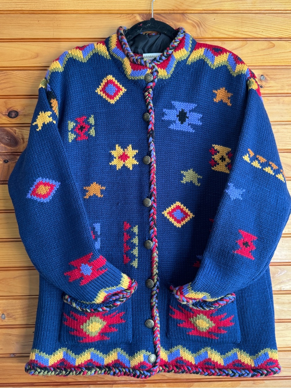 Coldwater Creek 100% Wool Cardigan Sweater L Blue Southwest Aztec Vintage